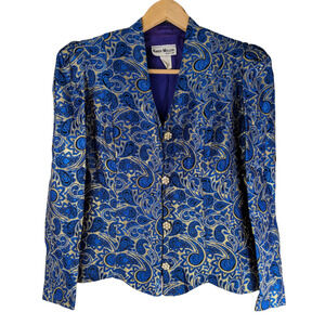 KAREN MILLER Vintage Blue & Gold Brocade Blazer